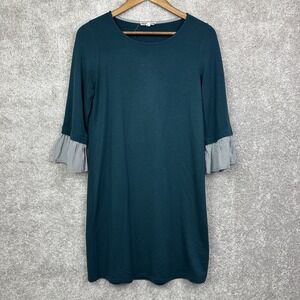 PLEIONE Stretch Knit Knee Length Dress with Bell Sleeves‎ Size XS in Blue